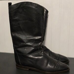 Black Leather Cowboy Boots Women's Western Tall Riding Boots‎ Pointed Toe